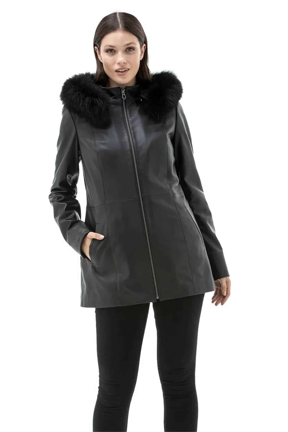 Women's 100 % Real Black Leather Detachable Fur Hooded Coat