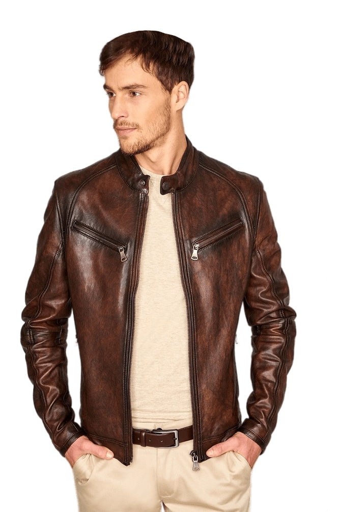Tony Distressed Brown Slimfit Leather Jacket
