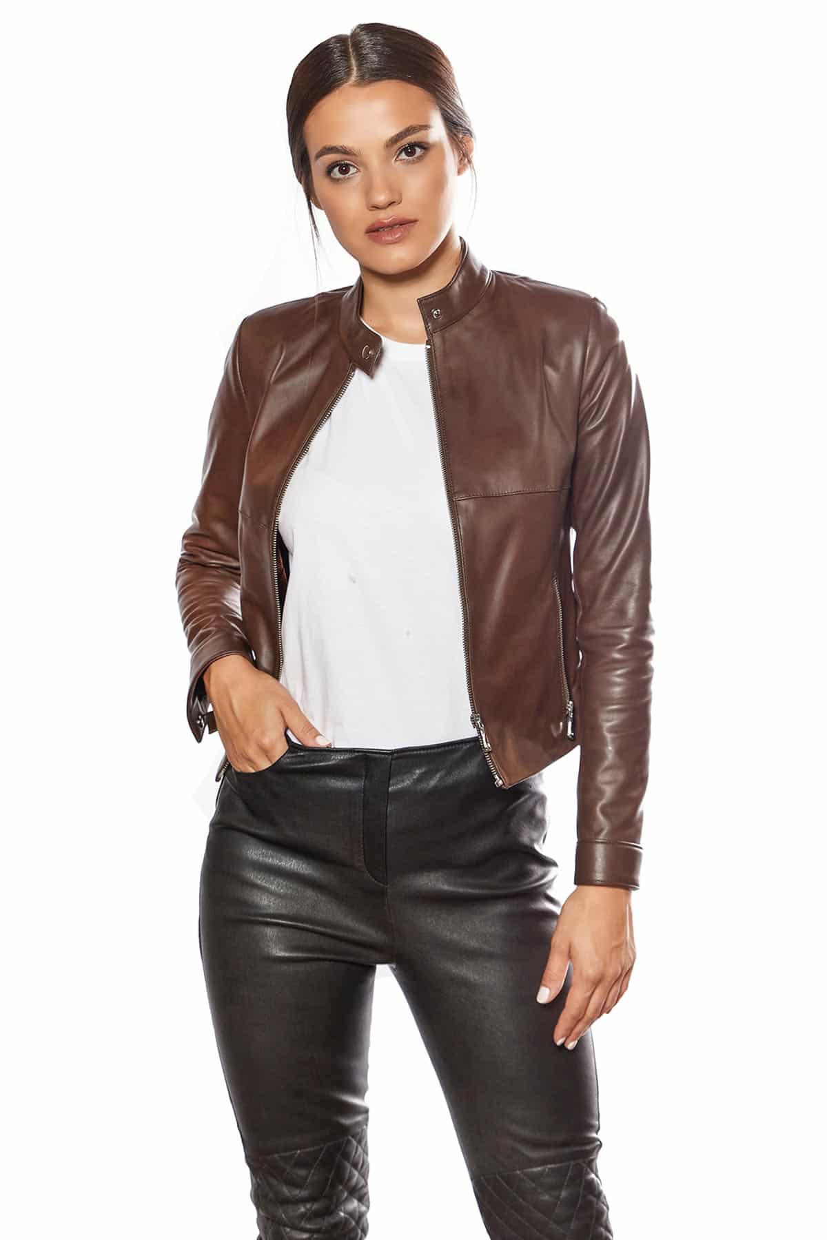 Flora Genuine Leather Woman Jacket Brown – UFS