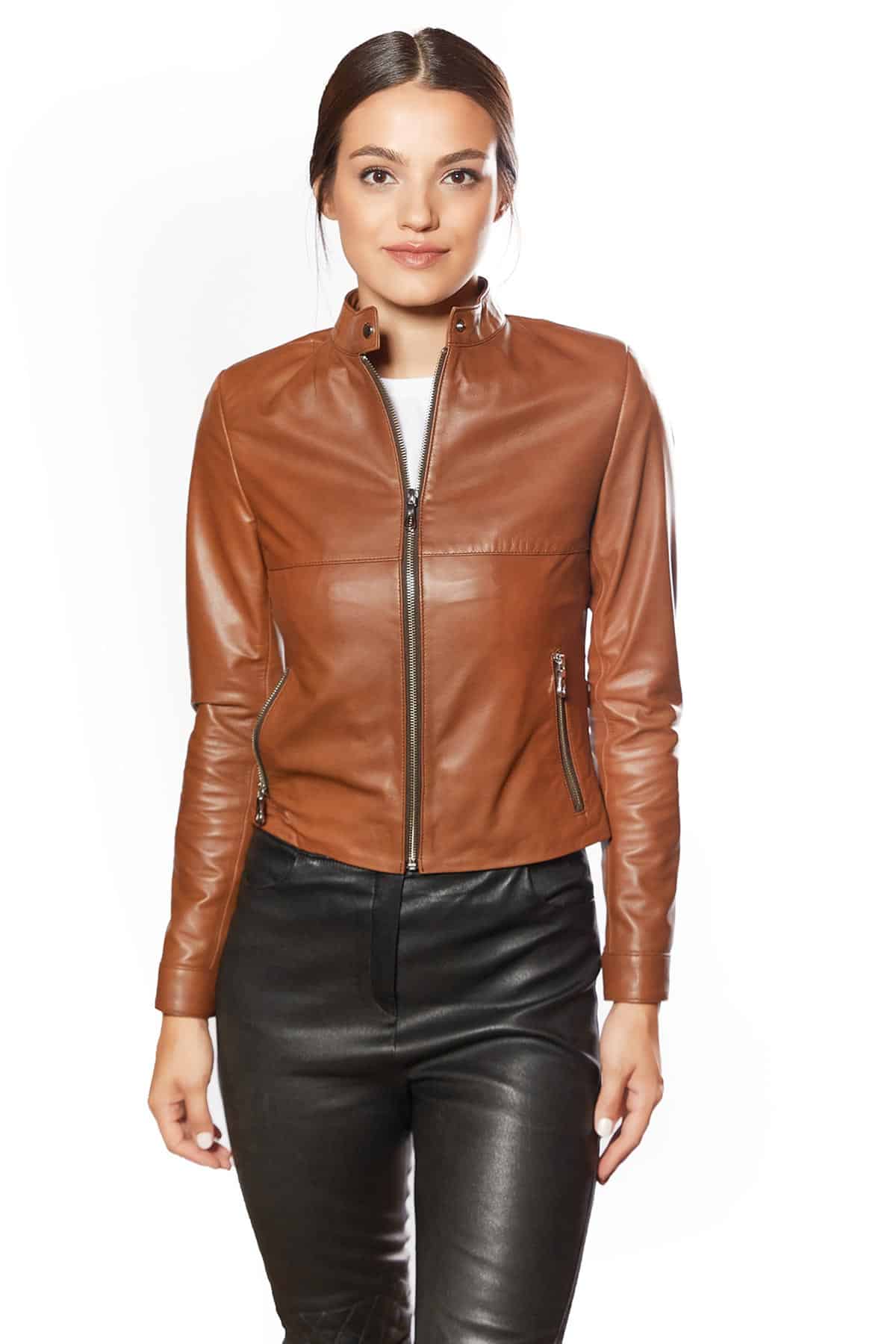 Women Tobacco Brown Jacket - Biker Leather Jacket in Florida