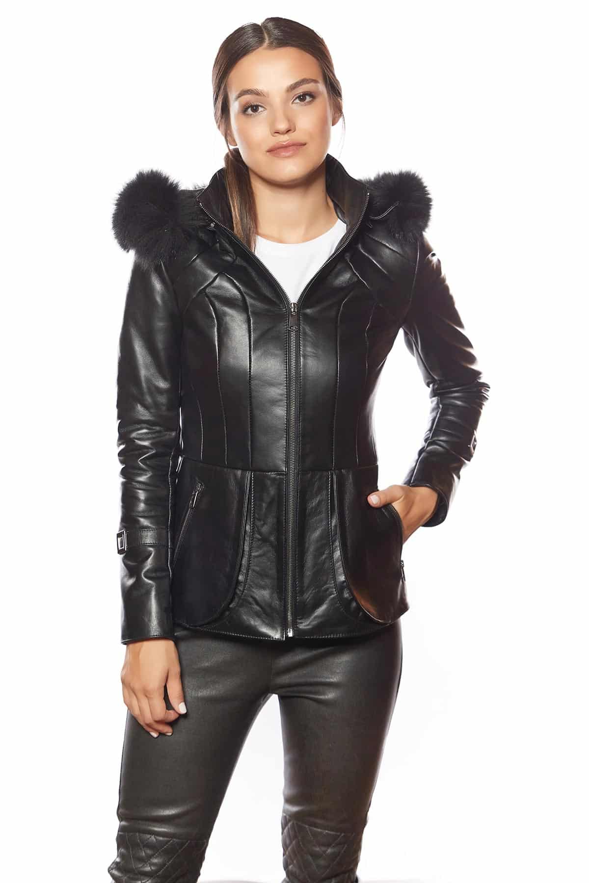 Black Hooded Women’s Leather Coat – Urban Fashion Studio