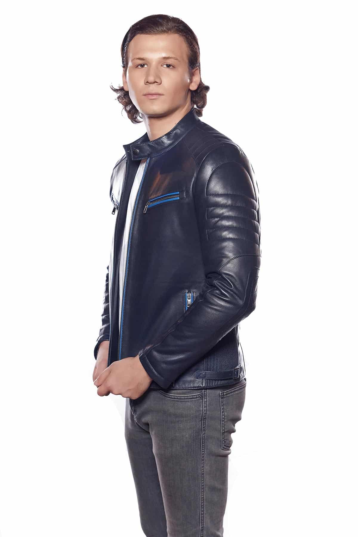 Navy Blue Leather Sport Biker Jacket - Mens Fashion in Texas