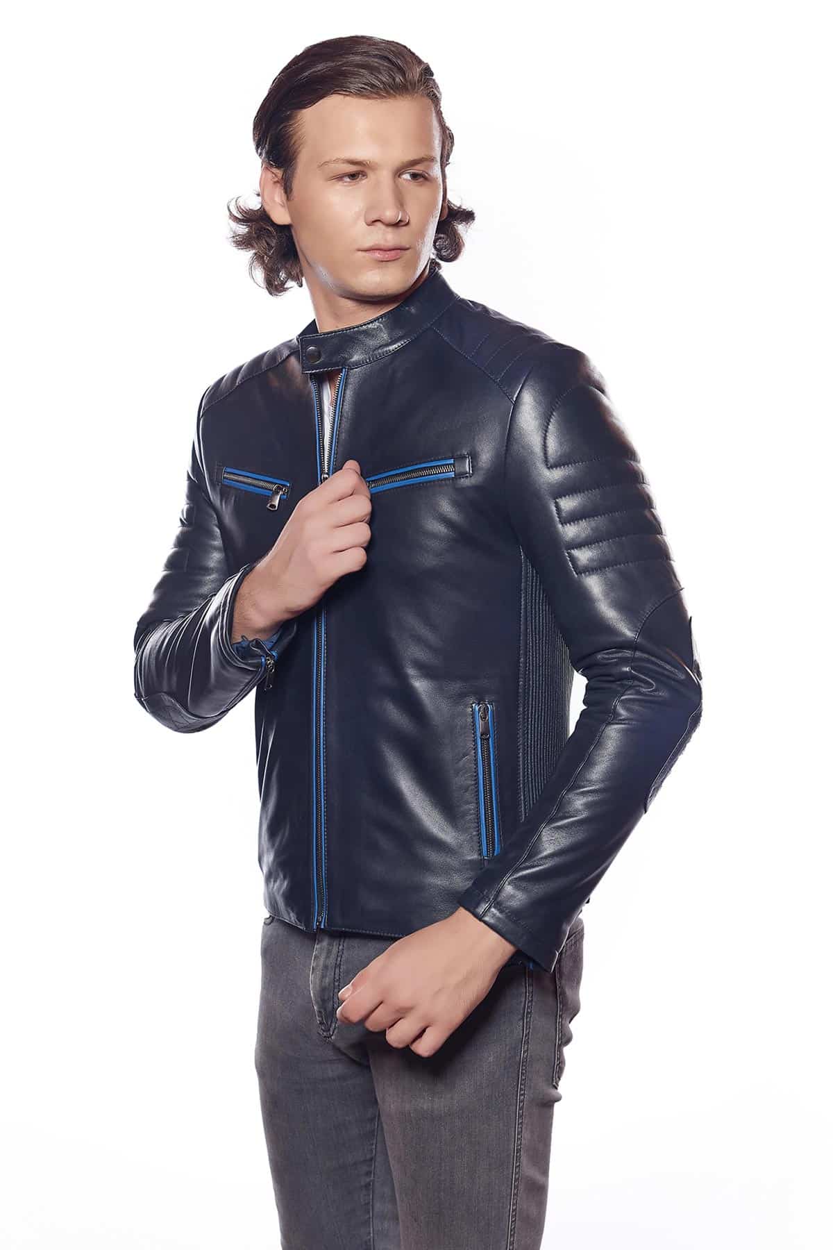 Navy Blue Leather Sport Biker Jacket - Mens Fashion in Texas