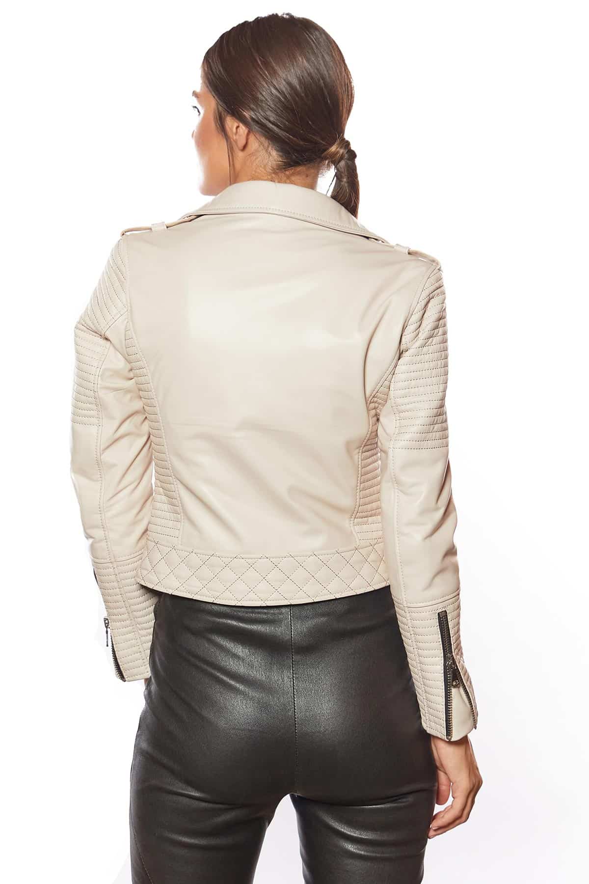 Biker Style Beige Women Leather Jacket - Jackets in America