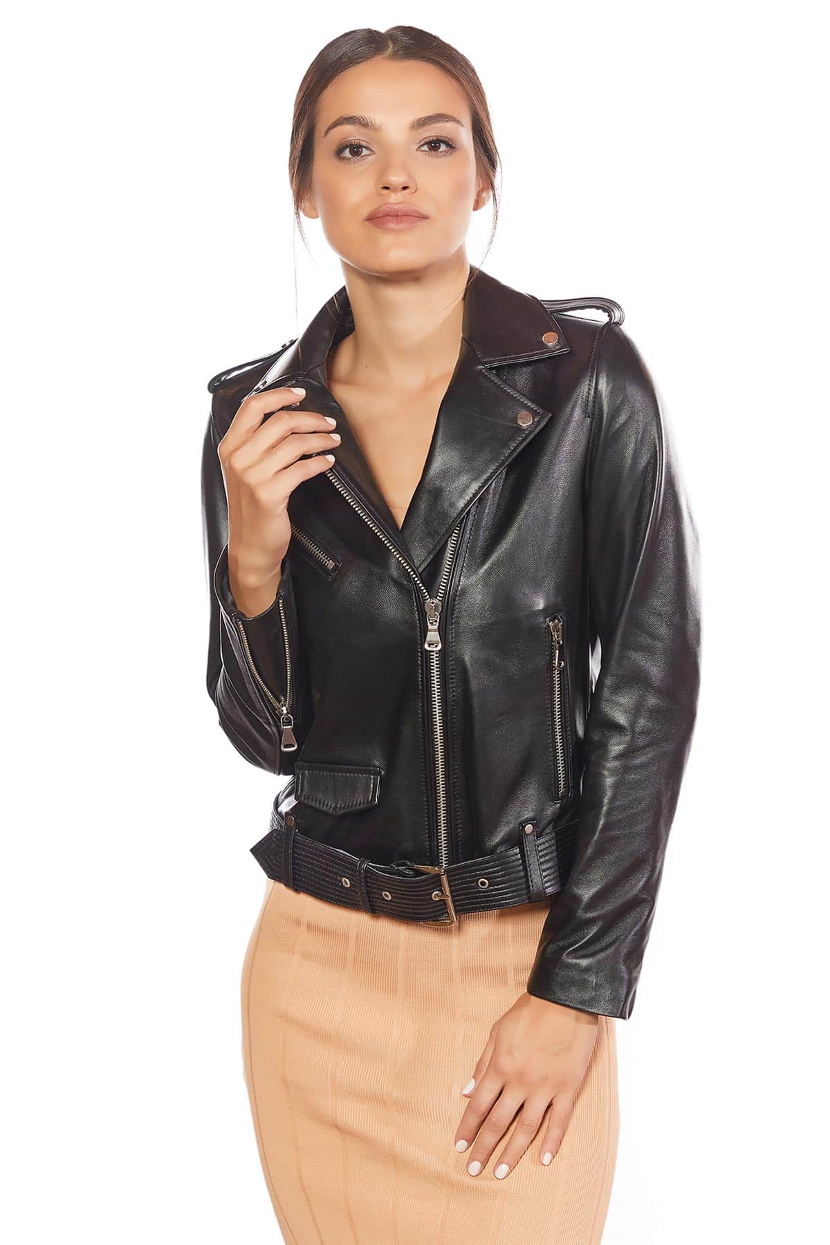 Women's 100 % Real Black Leather Biker Belted Jacket