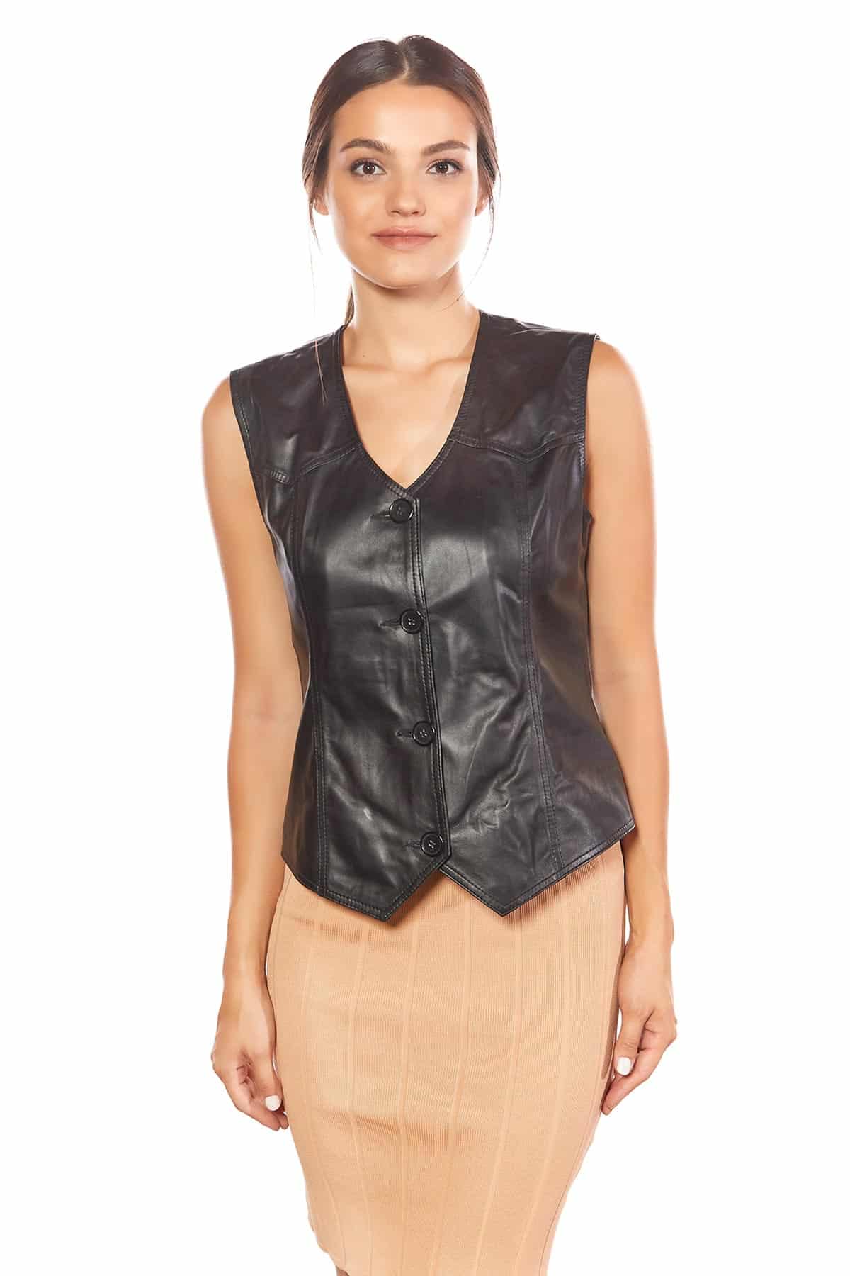 Womens Black Leather Vest - Fashion Leather Waistcoat in USA