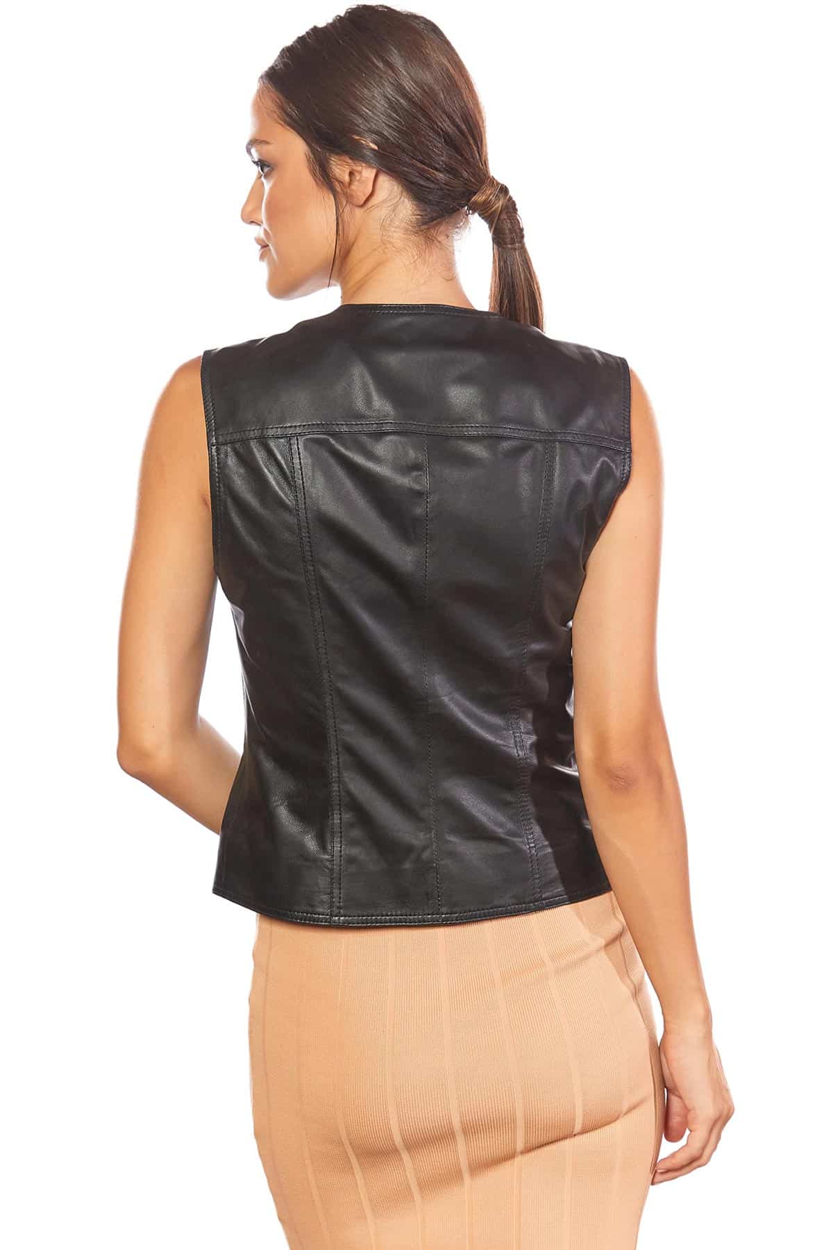 Eva Womens Black Leather Vest - Fashion Leather Waistcoat in USA