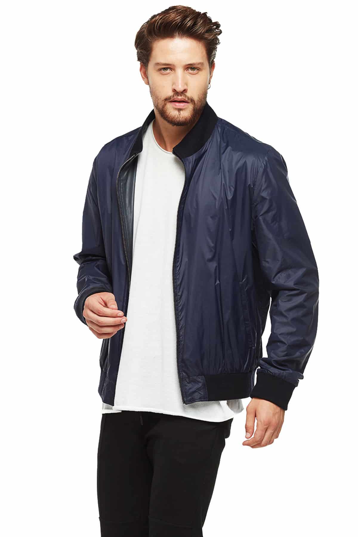 Men's 100 % Real Navy Blue Leather Double Sided College Style Jacket