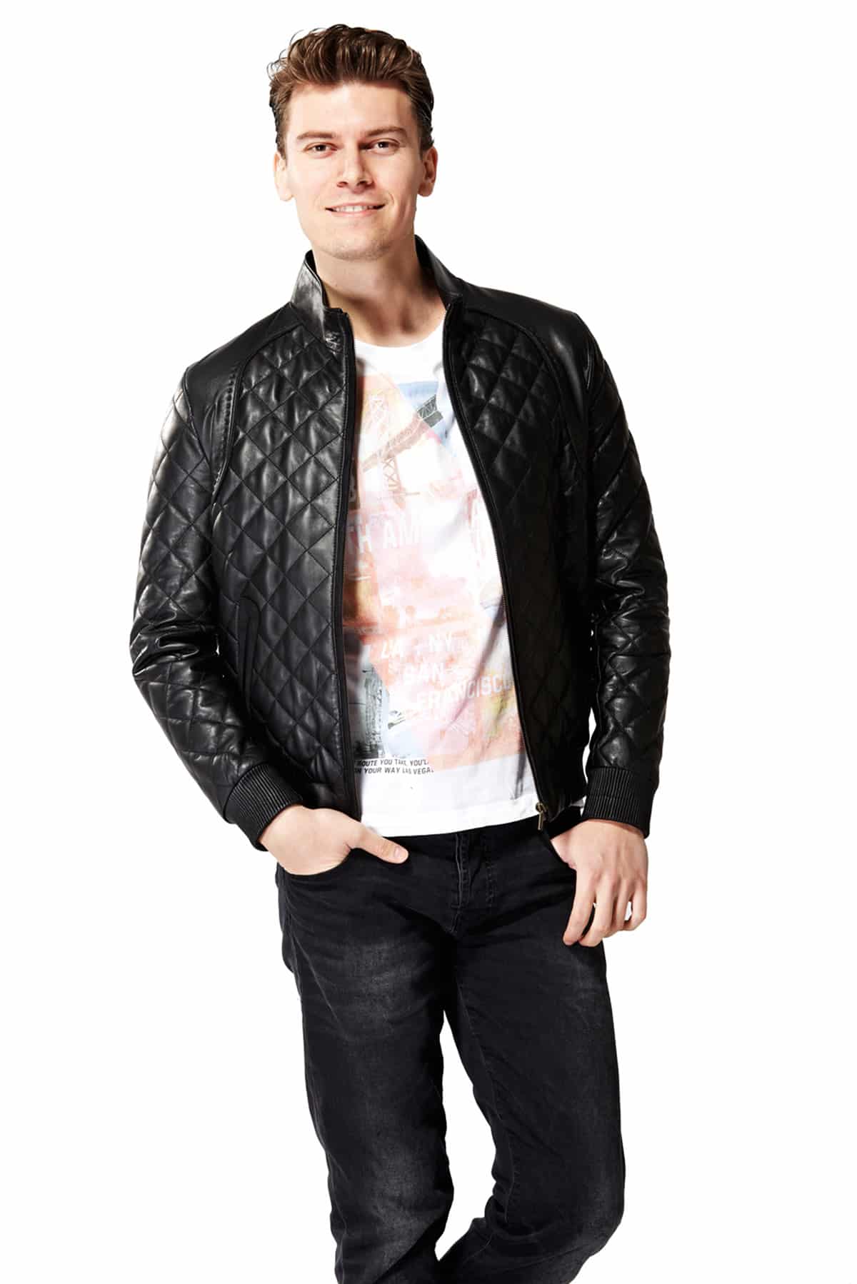 Men's Diamond Quilted Jacket in Real Leather Black Winter Outfit