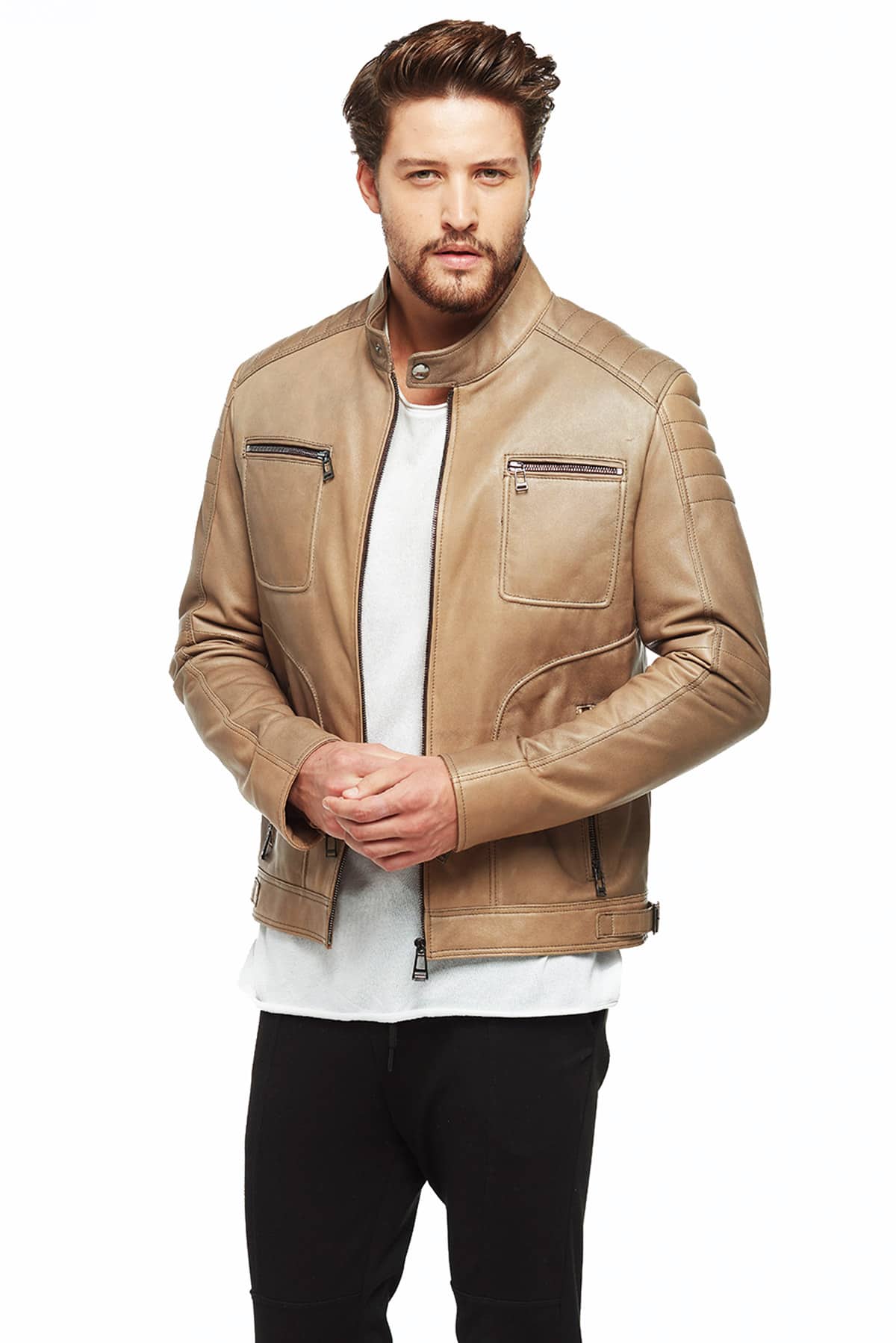 Men's Tan Waxed Brown Slim Fit Classic Leather Jacket- Supreme Leather