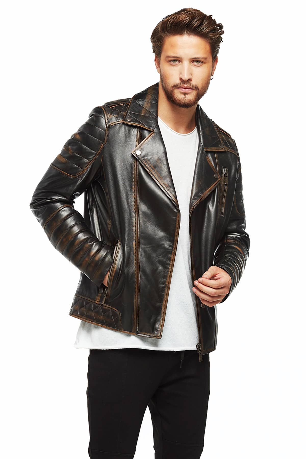 Branden Men's 100% Real Whiskey Leather Distressed Biker Jacket