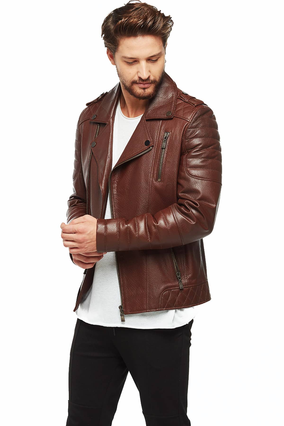 Branden Men's 100 % Real Tobacco Leather Biker Classic Jacket