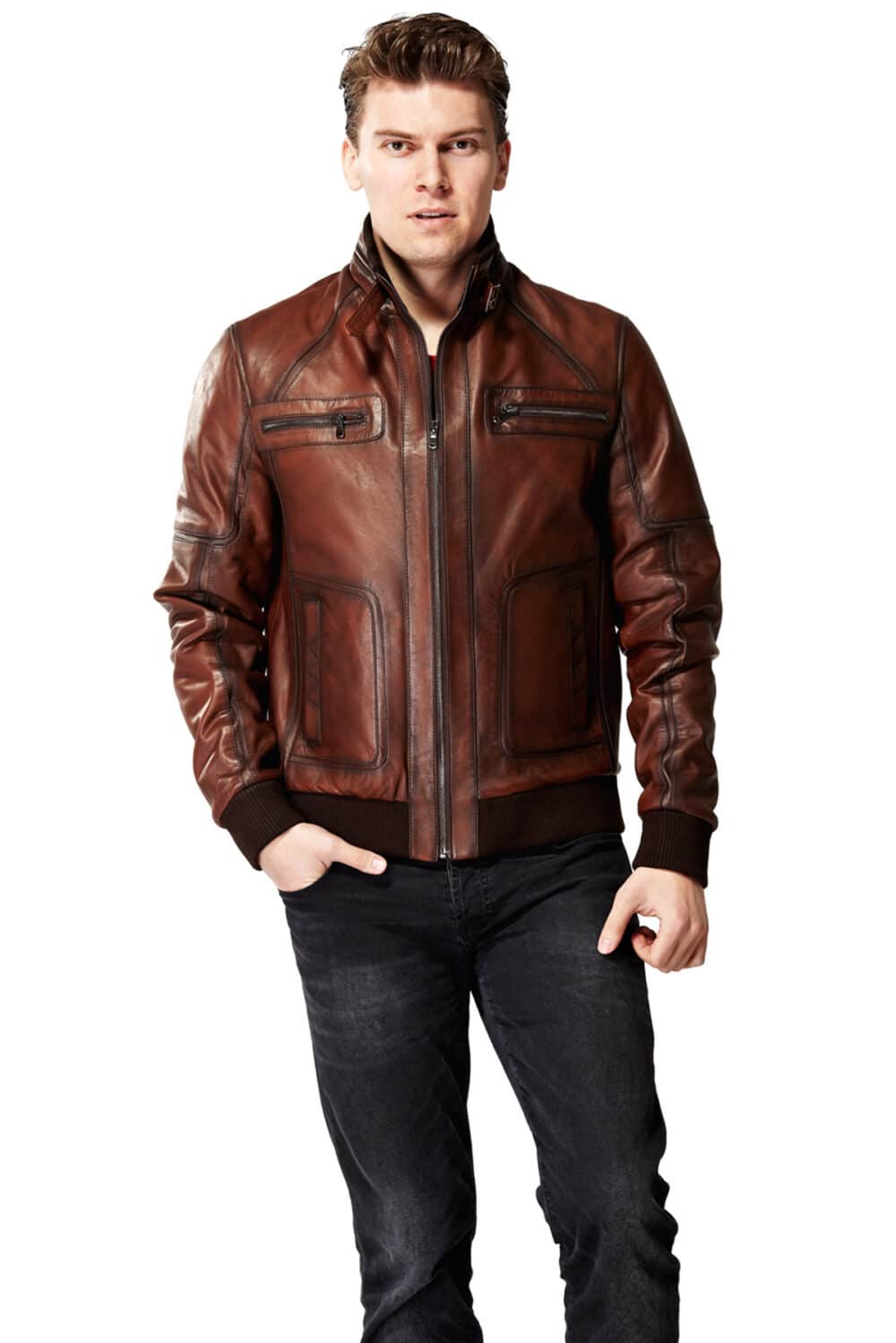 dark brown leather jacket outfit mens