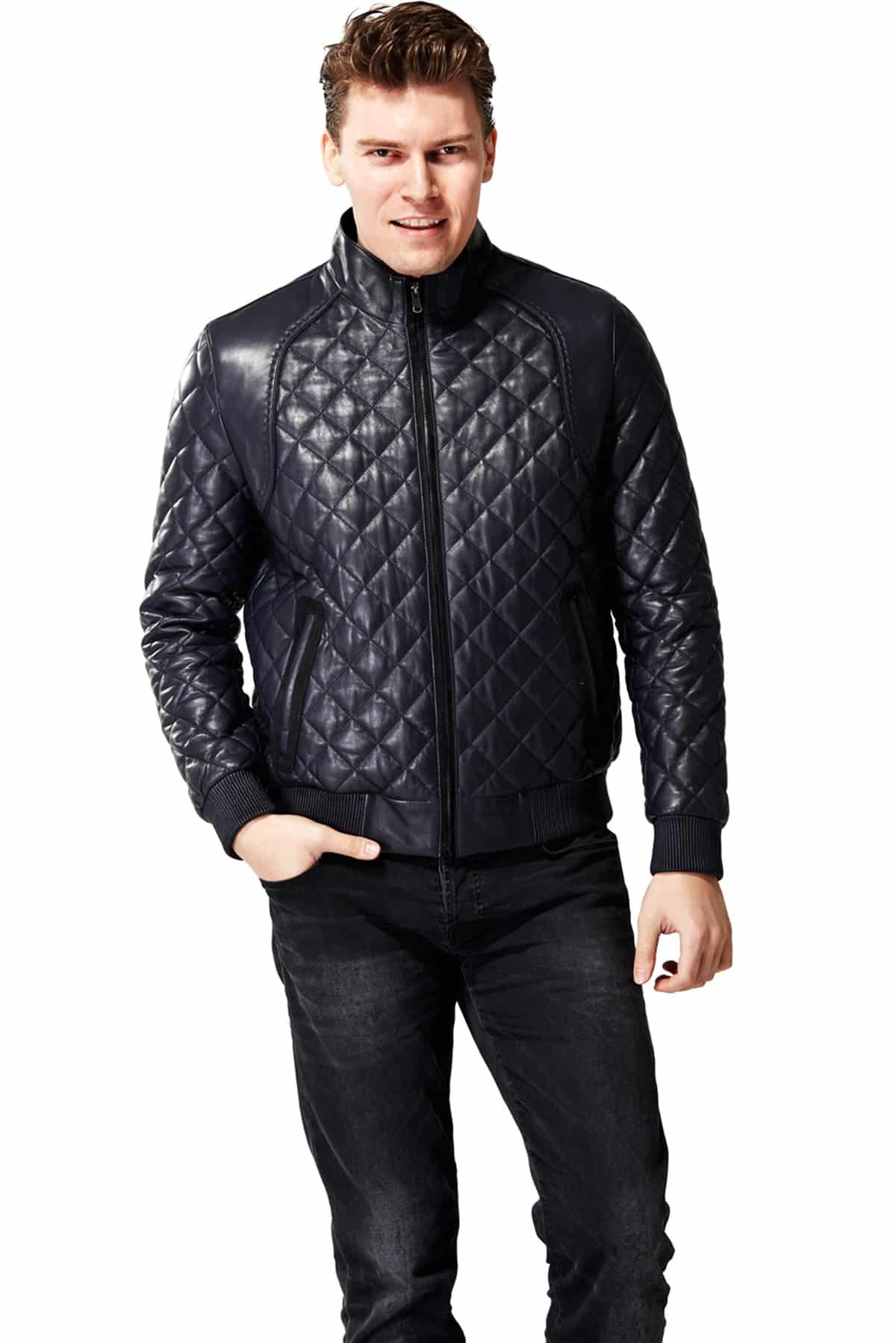 Men's Embroidered Bomber Moto Leather Jacket