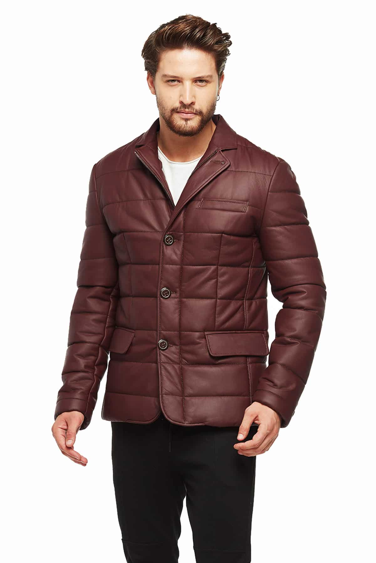 Men's 100% Real Claret Red Leather Classic Mozart Puffer Blazer