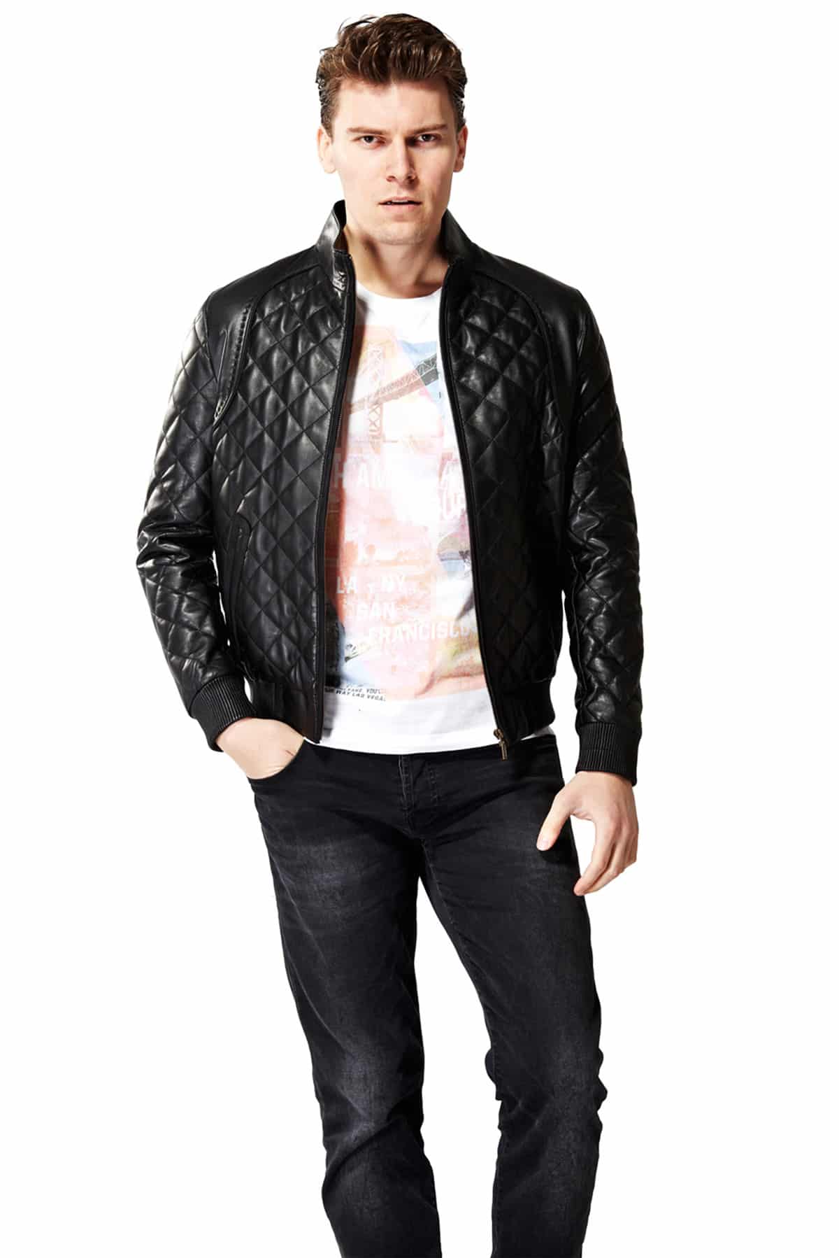 Wade Men's 100 % Real Black Leather Quilted Diamond Jacket