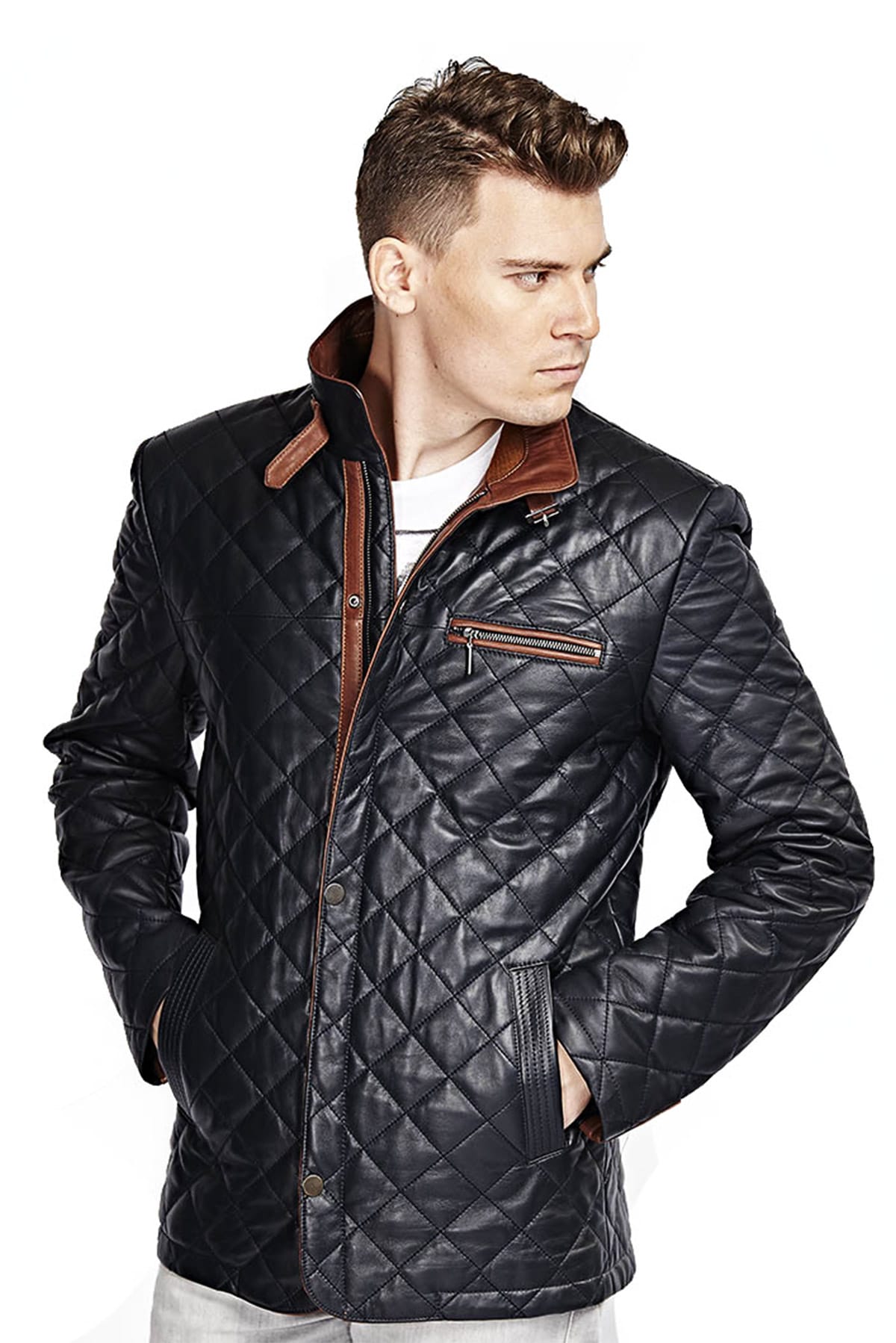 Mens Quilted Blue Leather Motorcycle Jacket