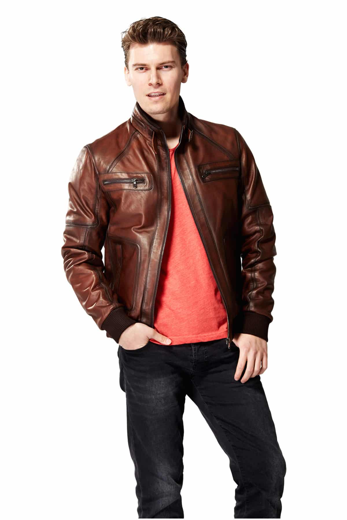 Men's 100 % Real Brown Leather Bomber Ferret Classic Jacket