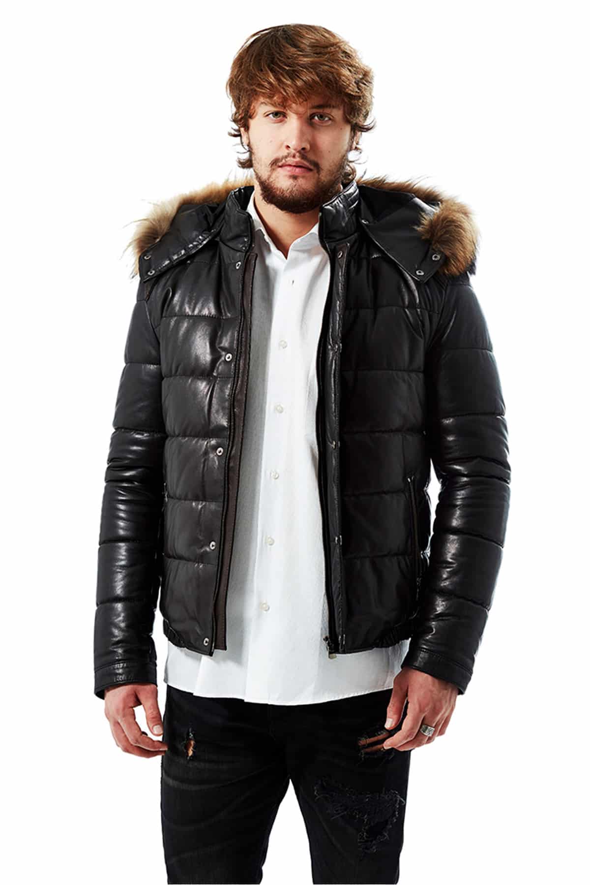 Urban Puffer Hooded Black Men’s Leather Jacket – UFS