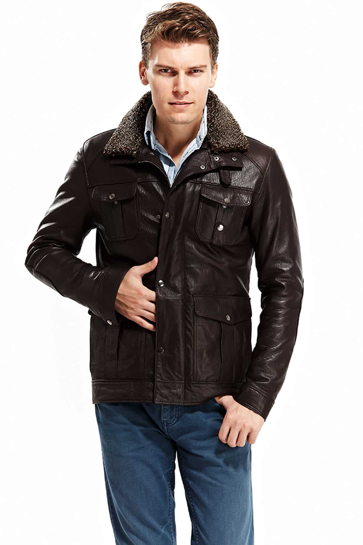 Men's 100 % Real Brown Leather Magento Blouson Jacket