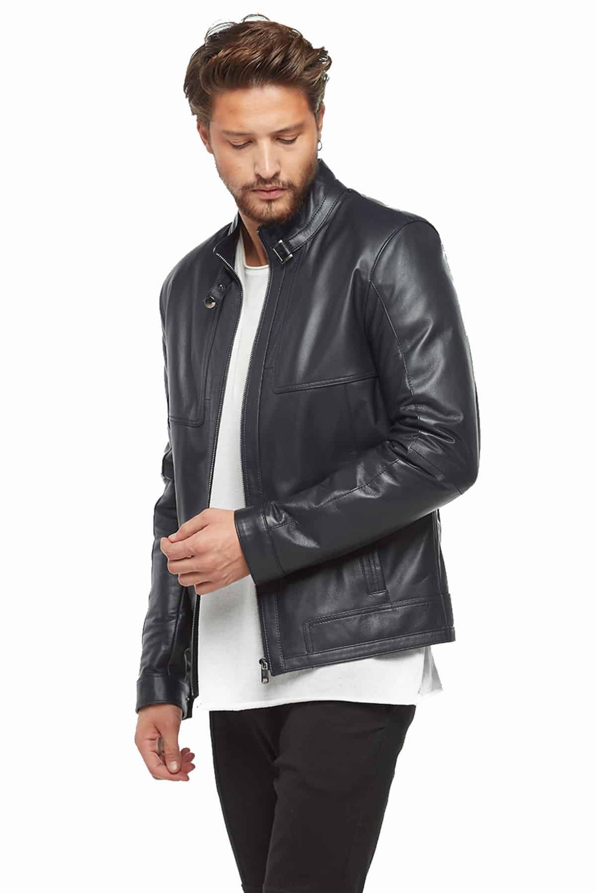 Men's 100 % Real Navy-Blue Leather Nolan Jacket