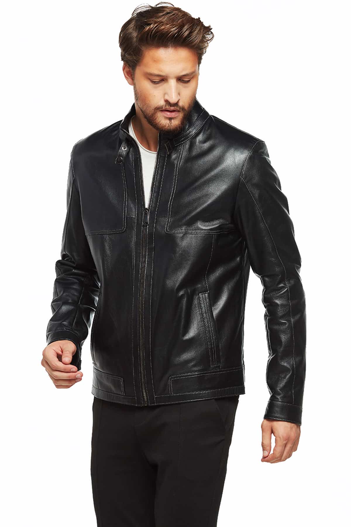 Buy Black Mens Leather Jacket - Belted Collar Fashion Jacket