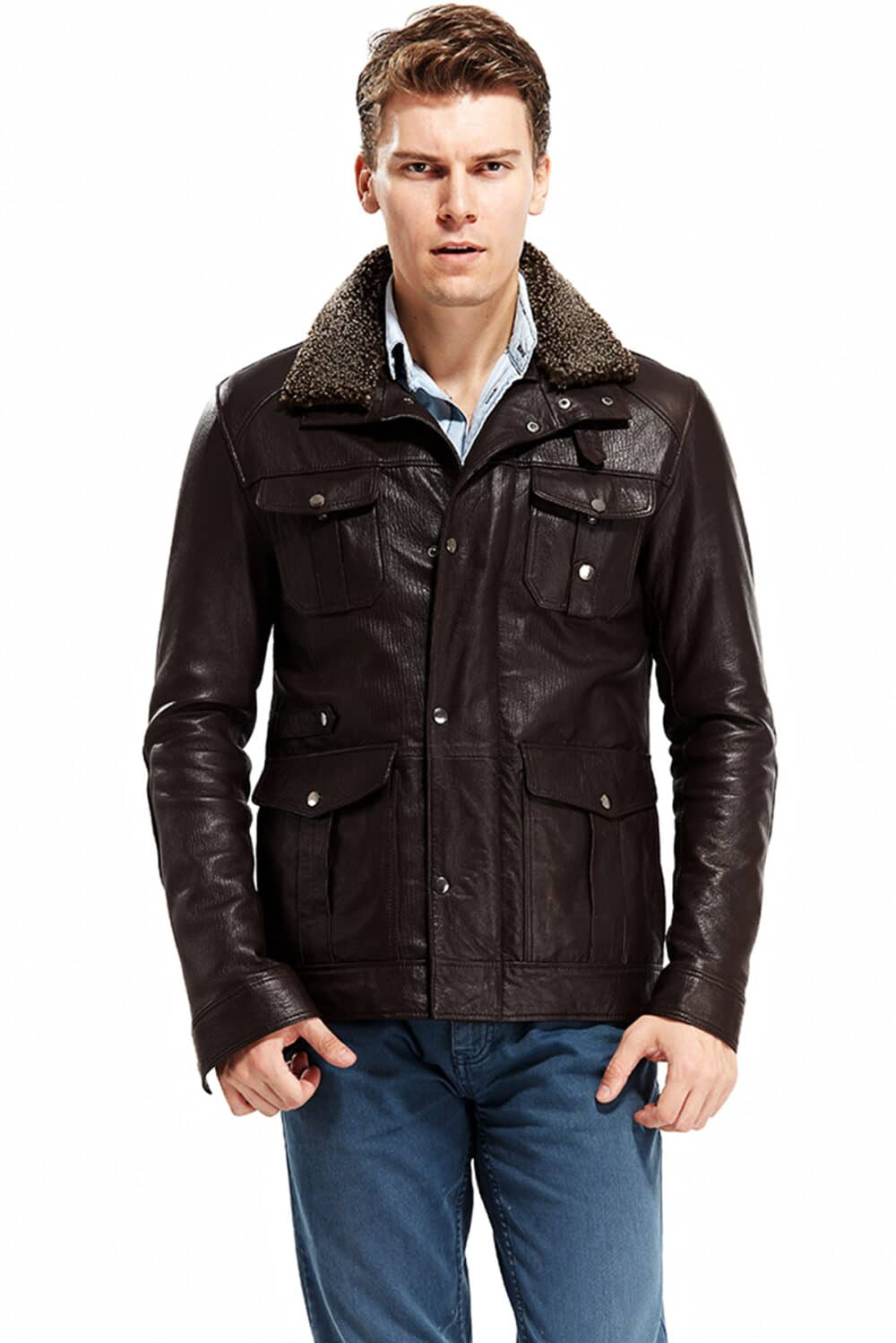 Willy Cartier Men's 100 % Real Brown Leather Moto Jacket