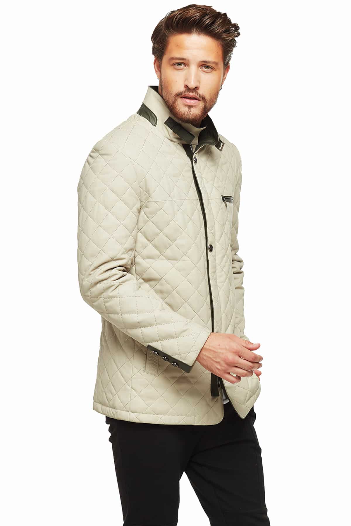 Wade Men's 100% Real Beige Leather Tafetta Quilted Jacket