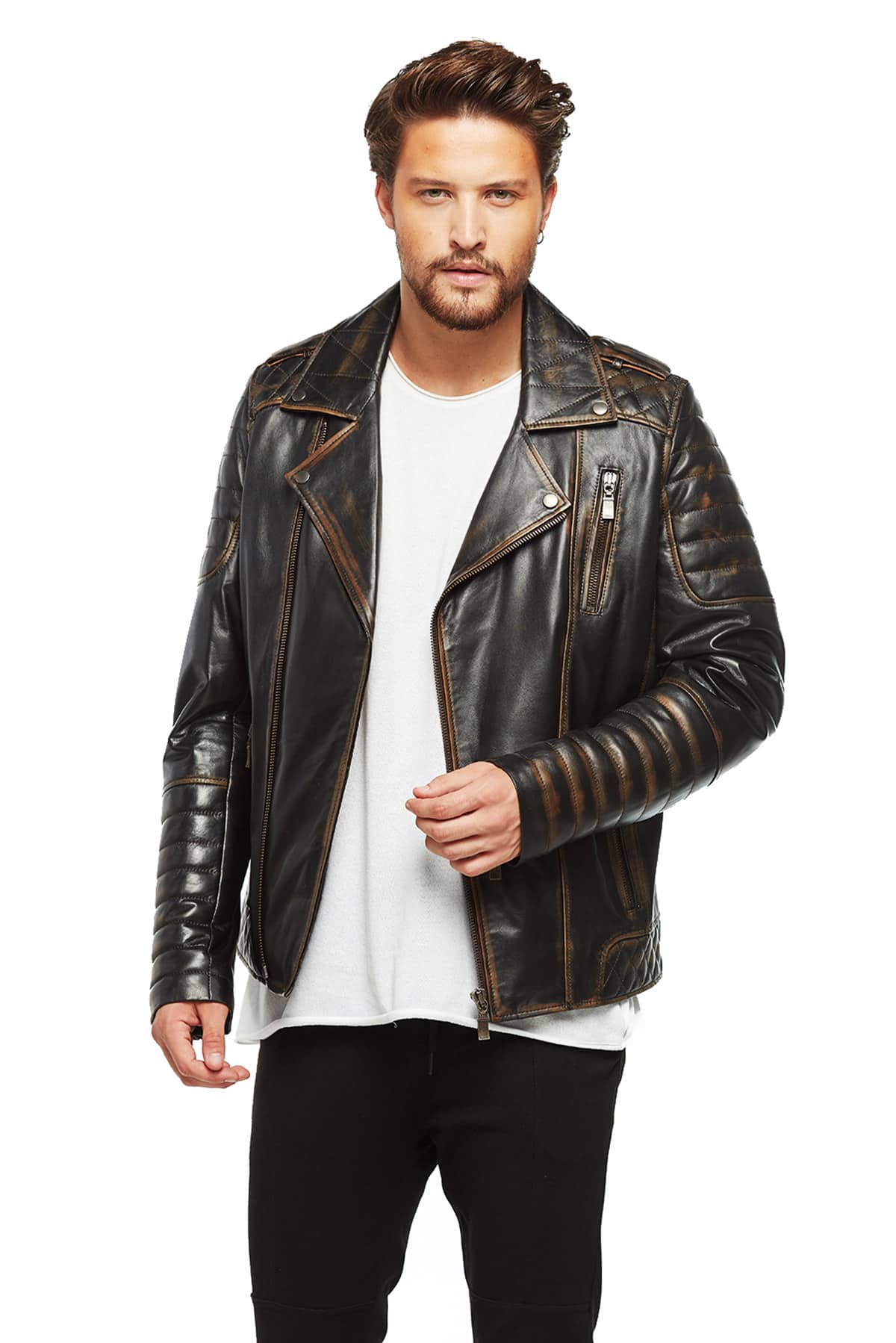 Branden Men's 100% Real Whiskey Leather Distressed Biker Jacket