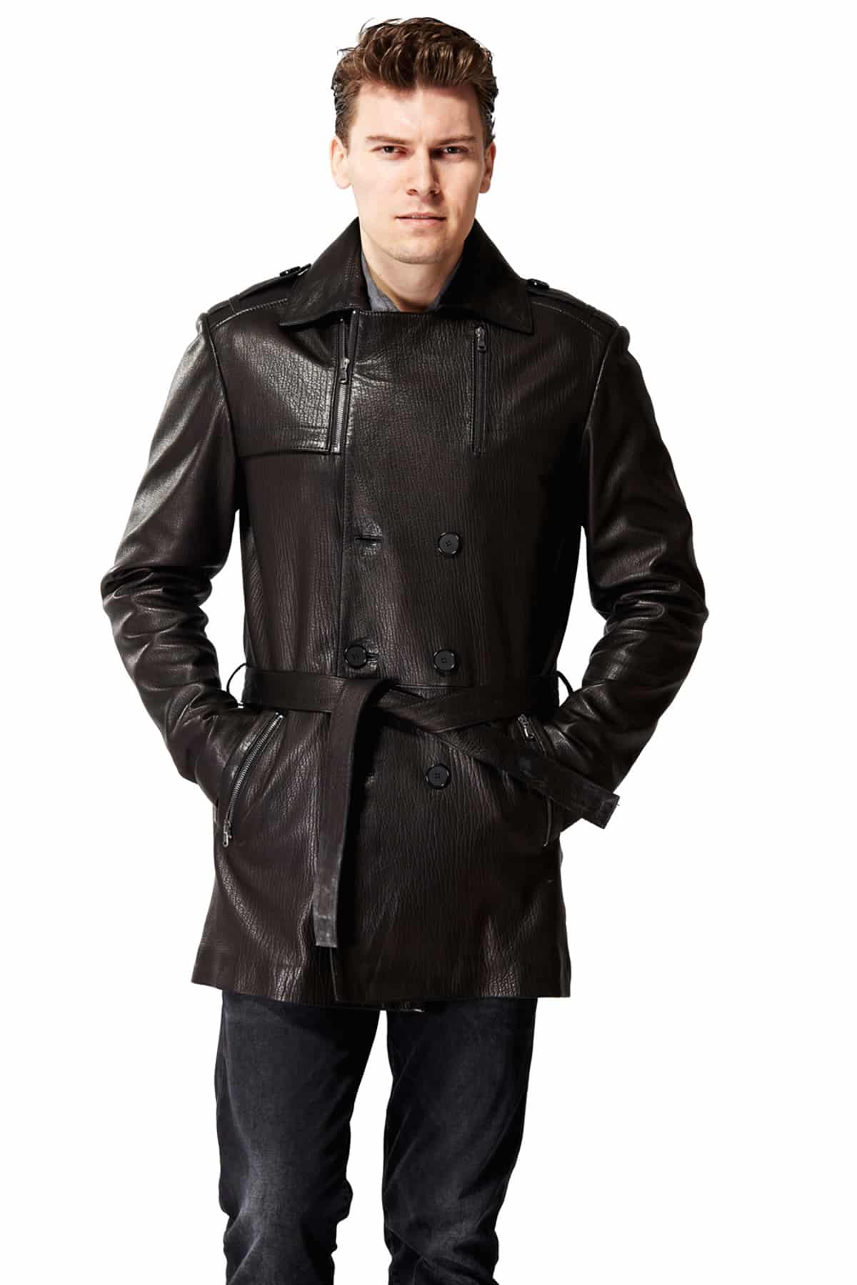 Men's 100 % Real Brown Leather Bonnet Classic Coat