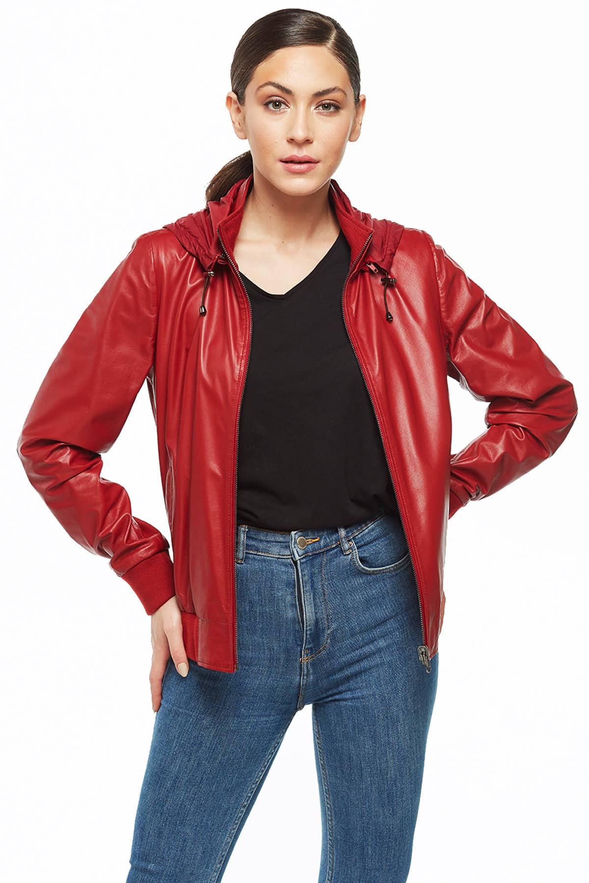 Martha Women's 100 % Real Red Leather Bomber Reversible Classic Jacket