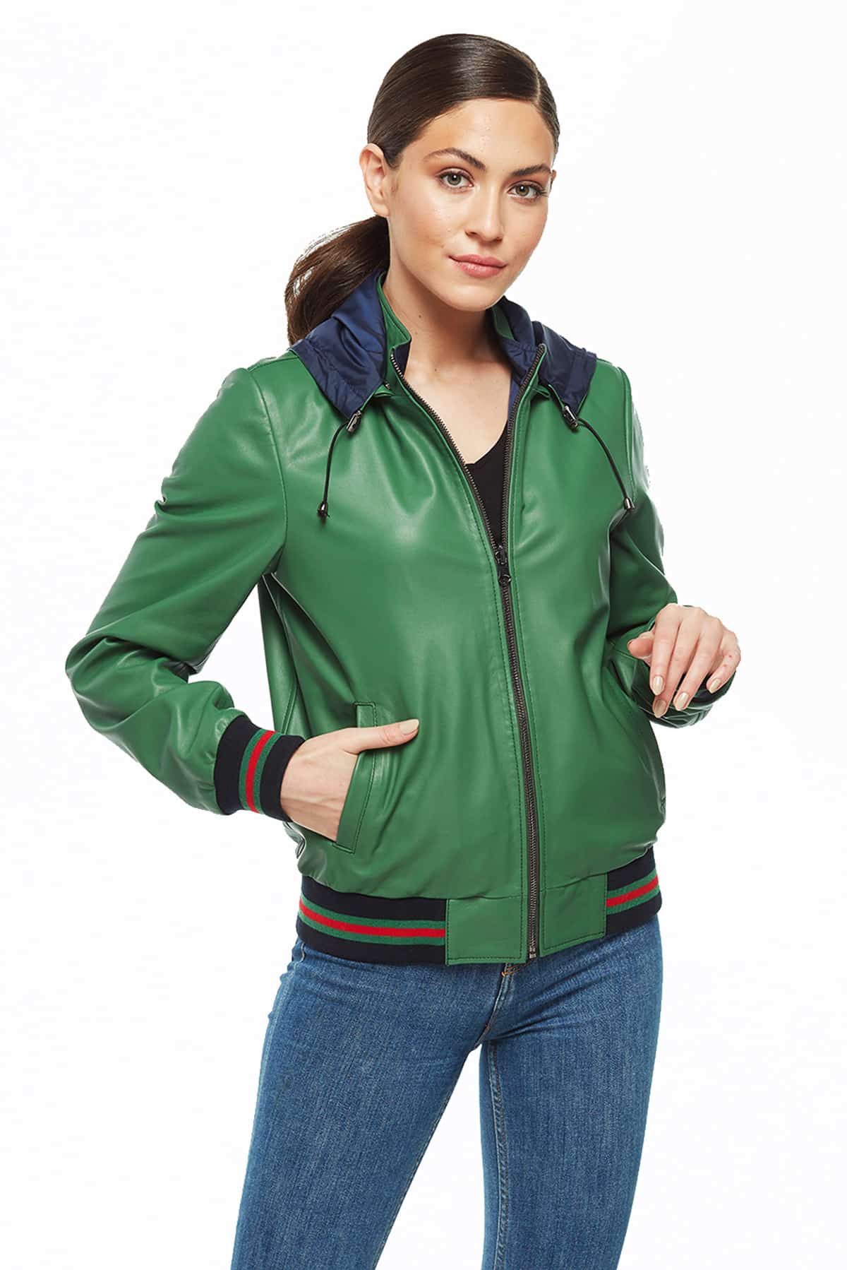 Urban Fashion Studio Martha Reversible Green Leather Bomber Jacket