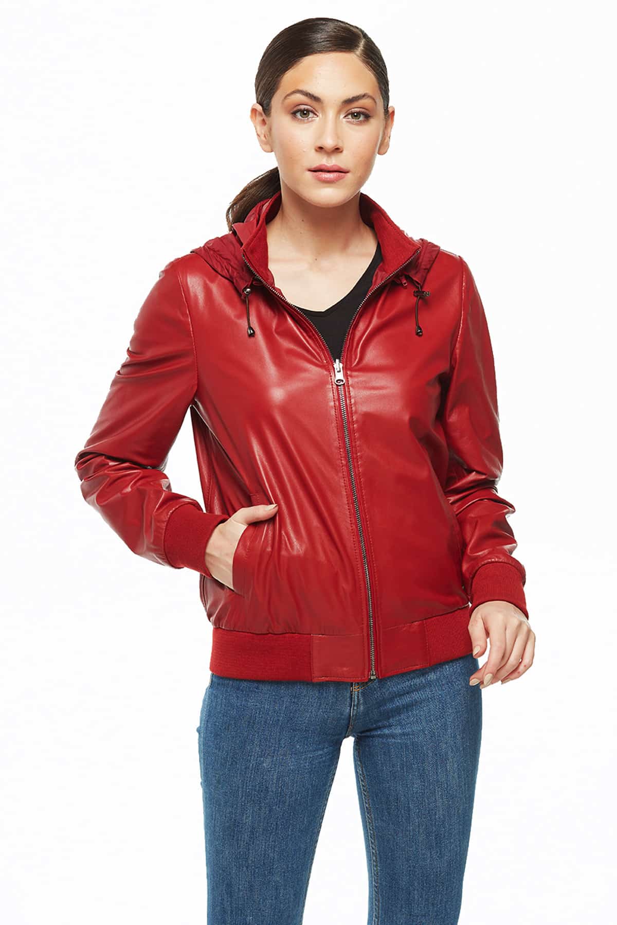 womens leather hooded jacket