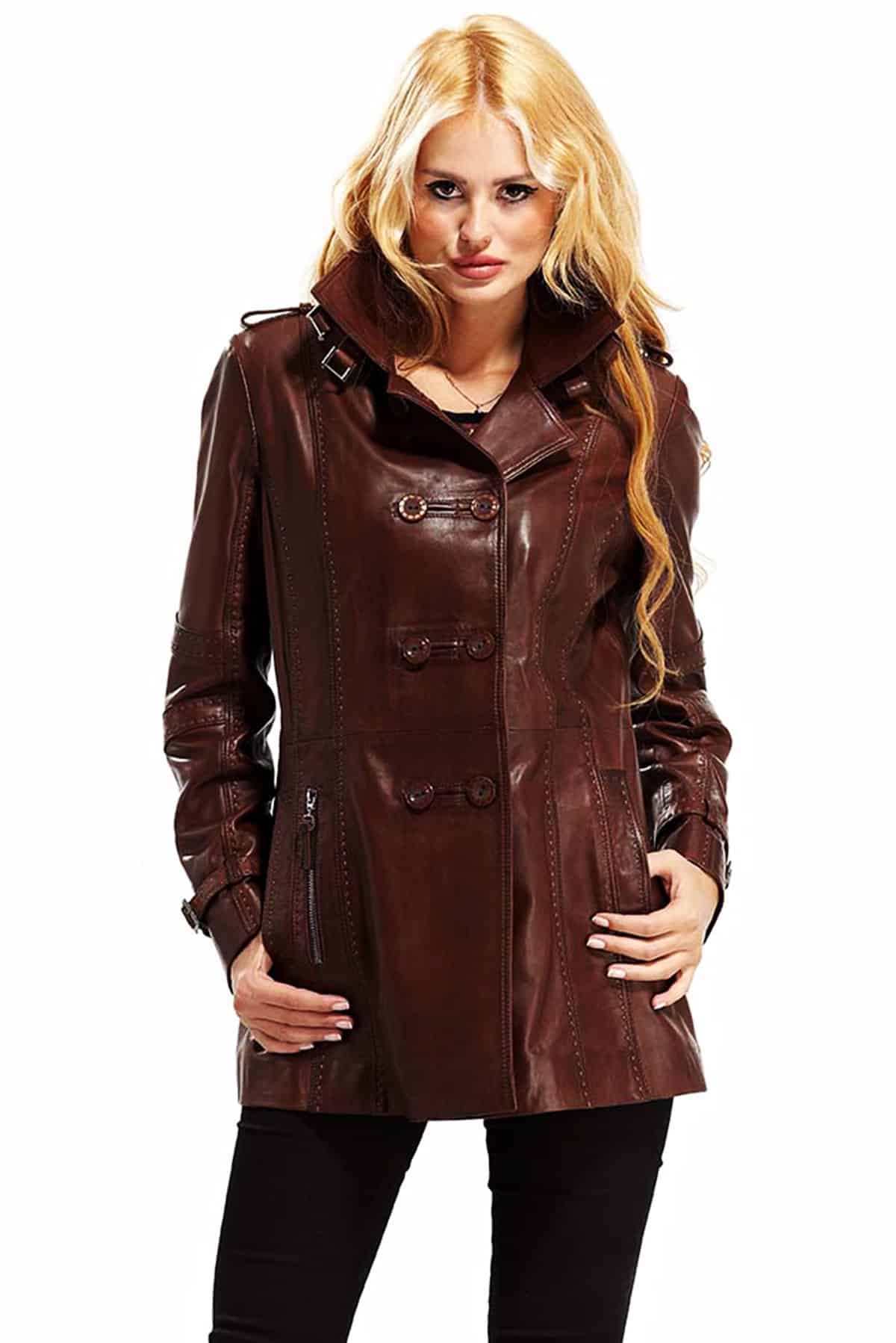 Luna Women's 100 % Real Brown Leather Waxed Coat