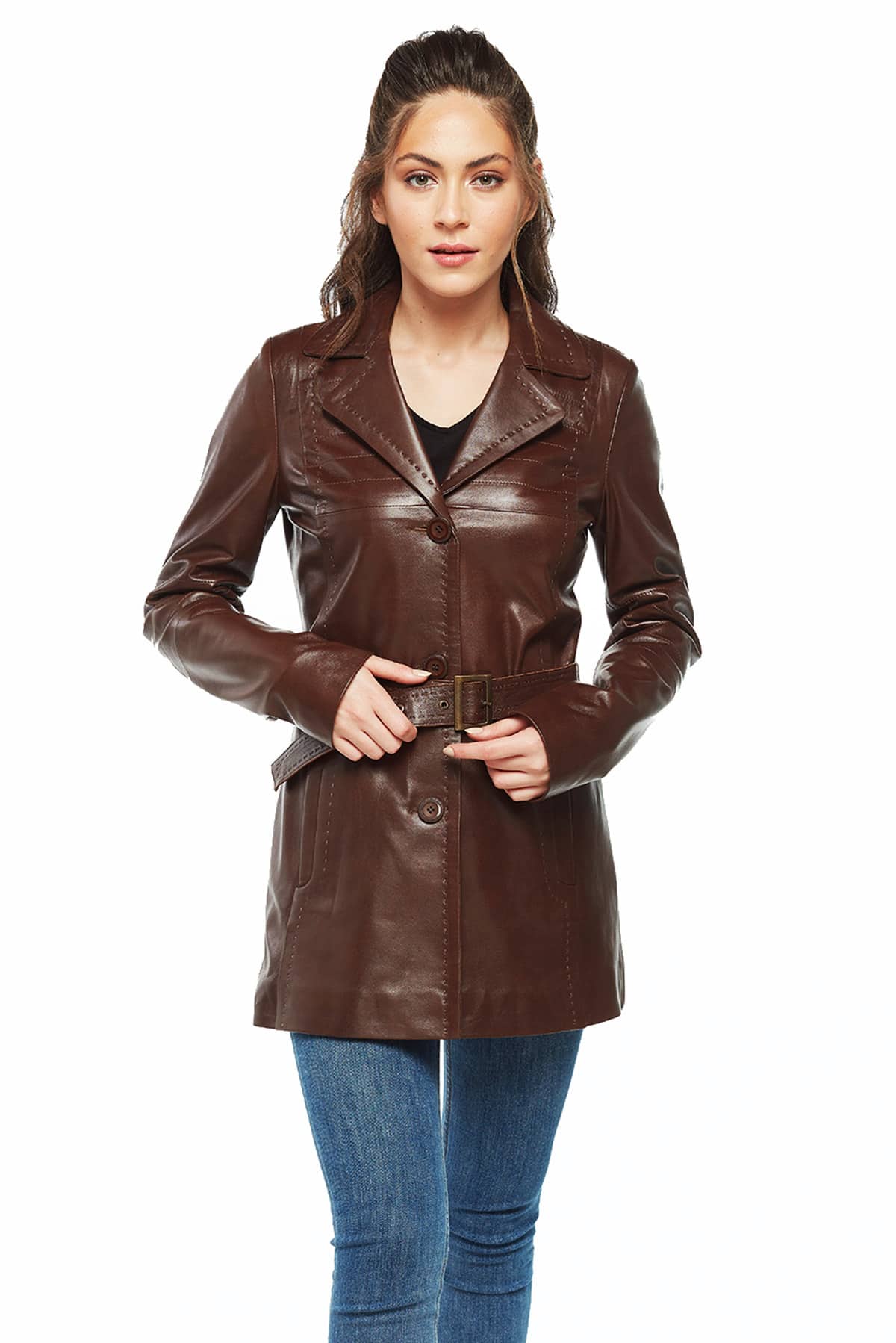 Rita Women's 100 % Real Brown Leather Classic Coat