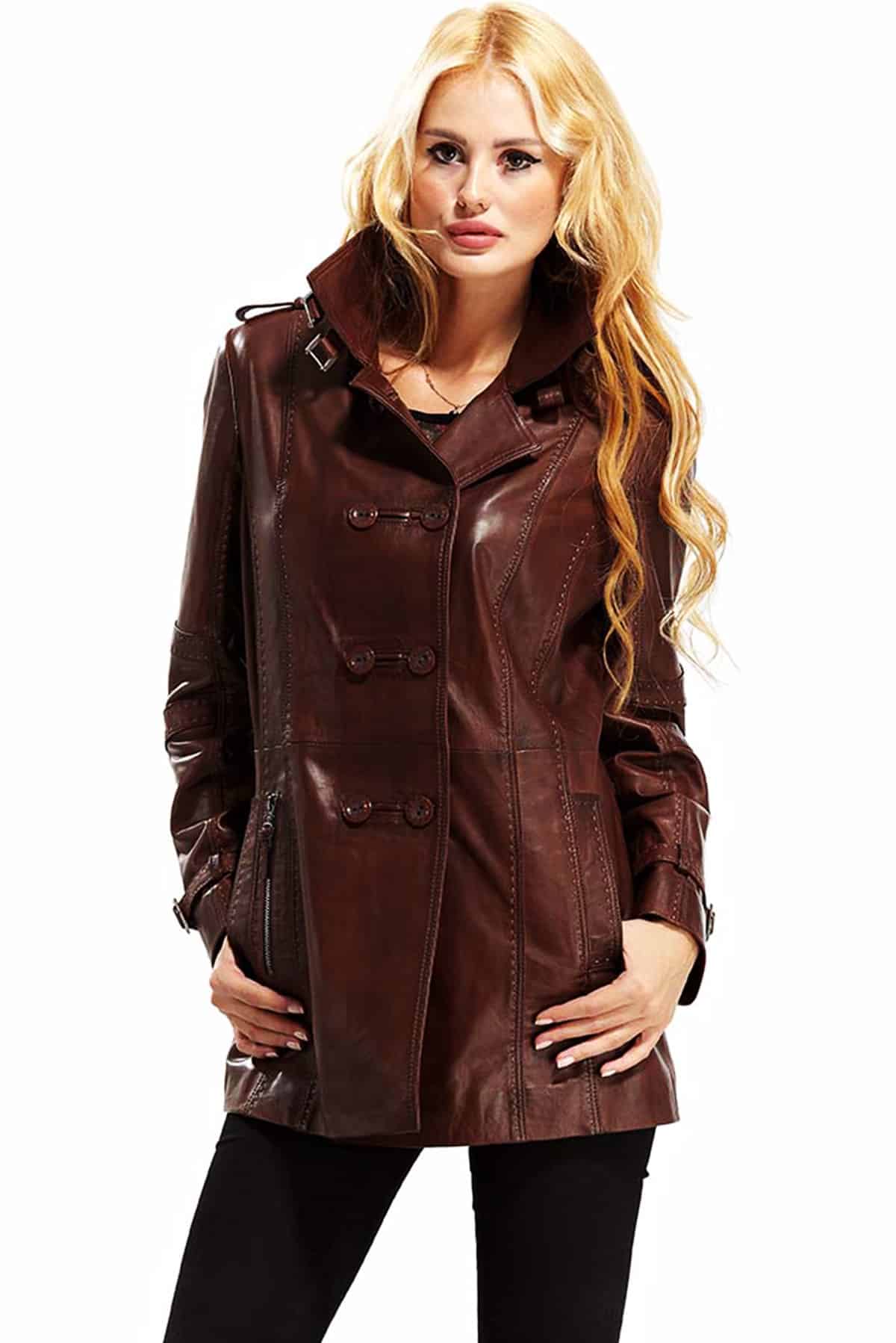Luna Waxed Brown Women’s Leather Coat | Free Ship in USA, UK & CA
