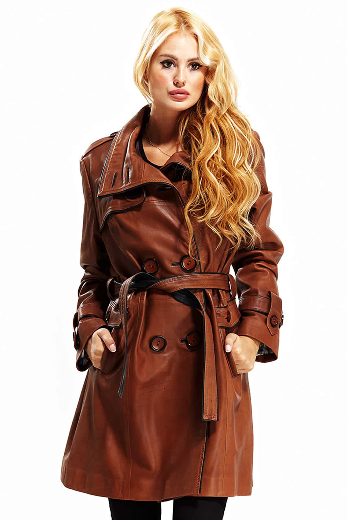 Selena Women's 100 % Real Brown Leather Belted Classic Coat