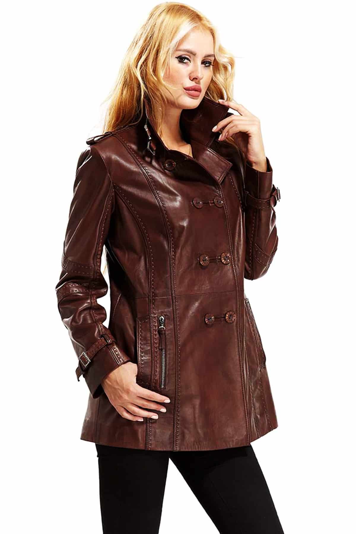 Luna Women's 100 % Real Brown Leather Waxed Coat