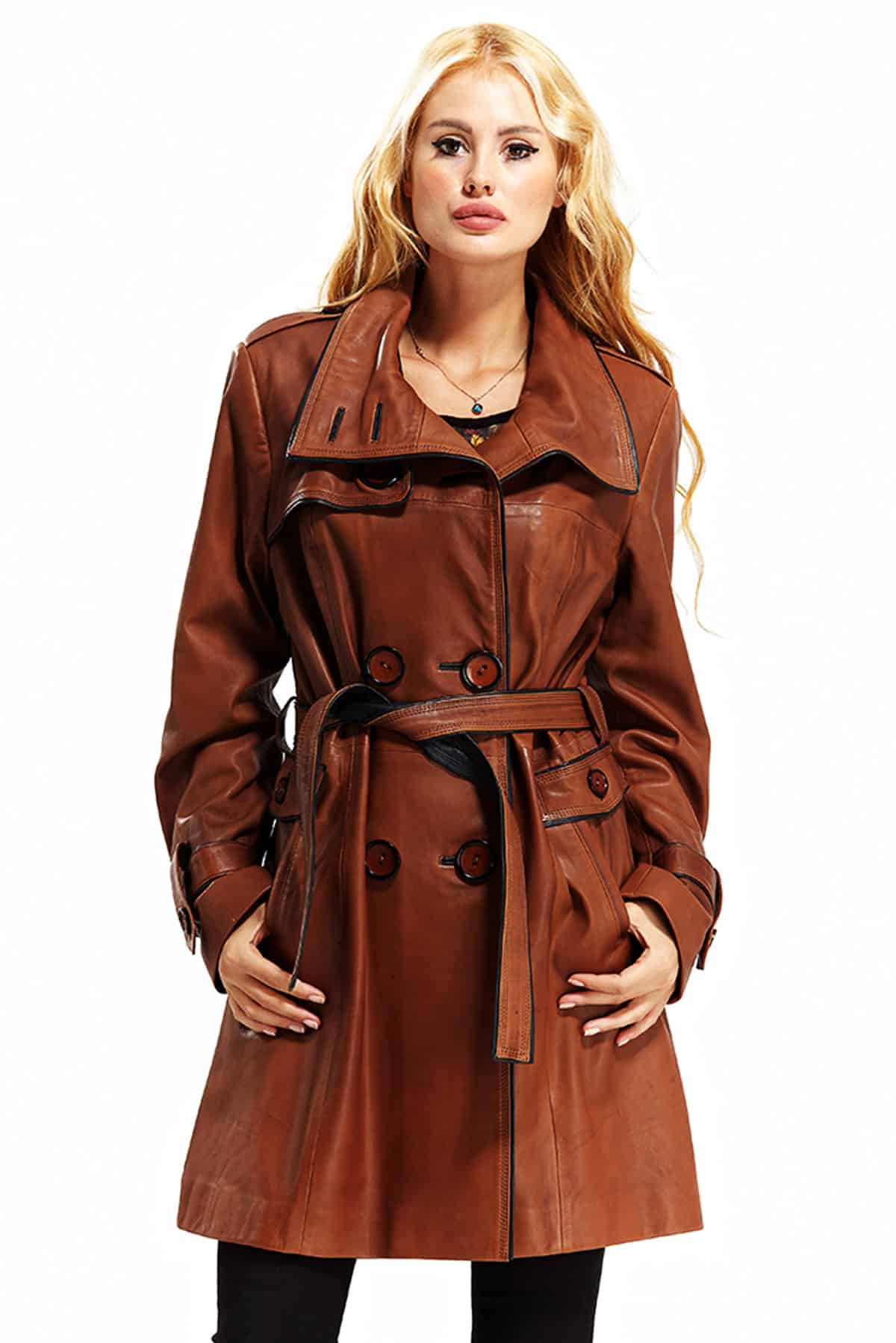 Selena Women's 100 % Real Brown Leather Belted Classic Coat