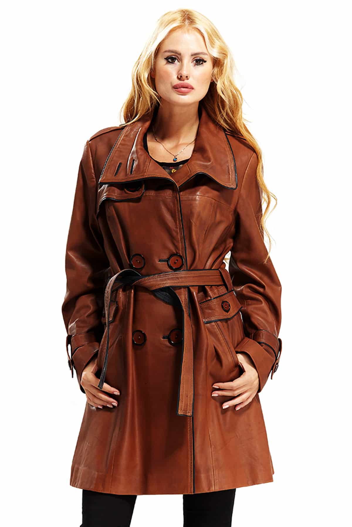 Selena Women's 100 % Real Brown Leather Belted Classic Coat