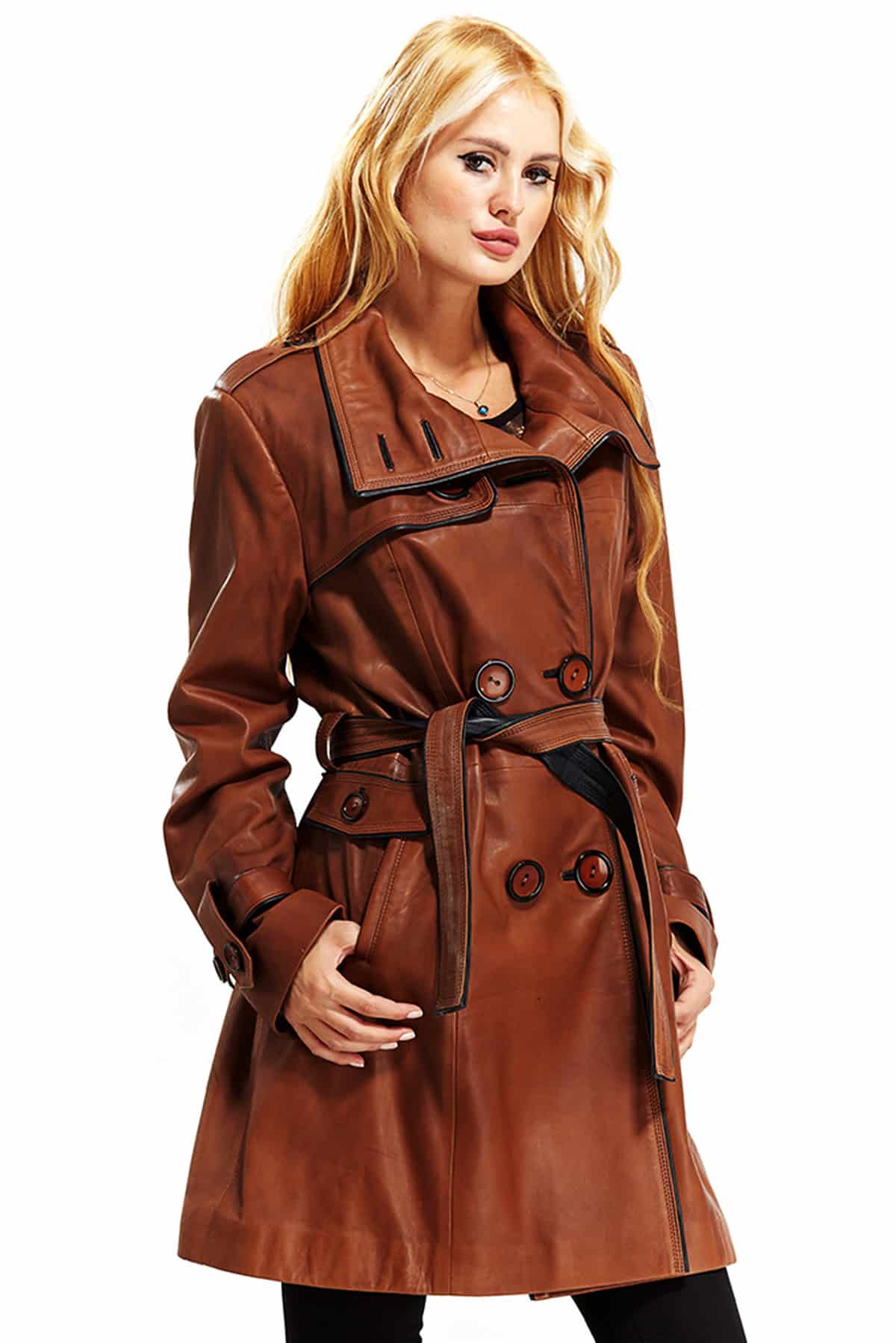 Selena Women's 100 % Real Brown Leather Belted Classic Coat