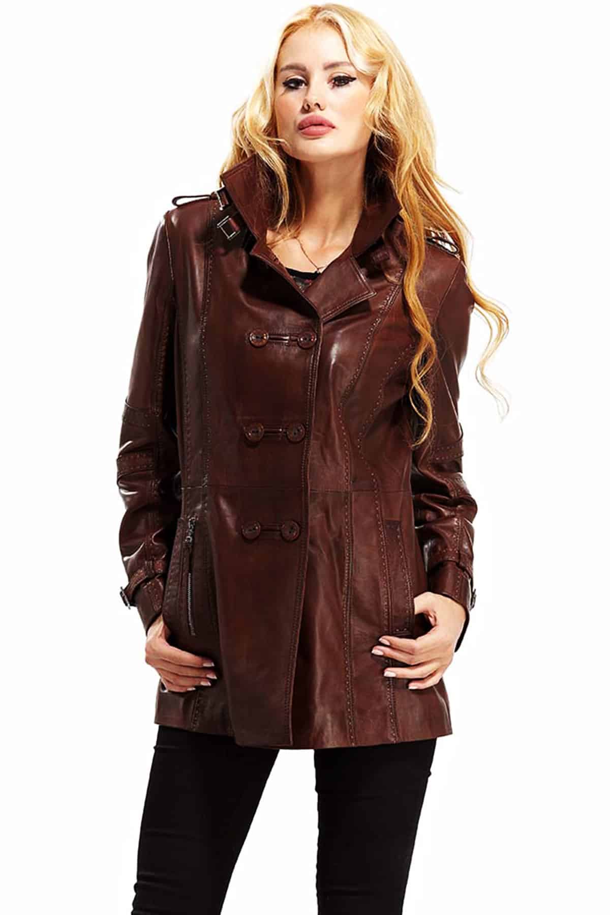 Luna Women's 100 % Real Brown Leather Waxed Coat