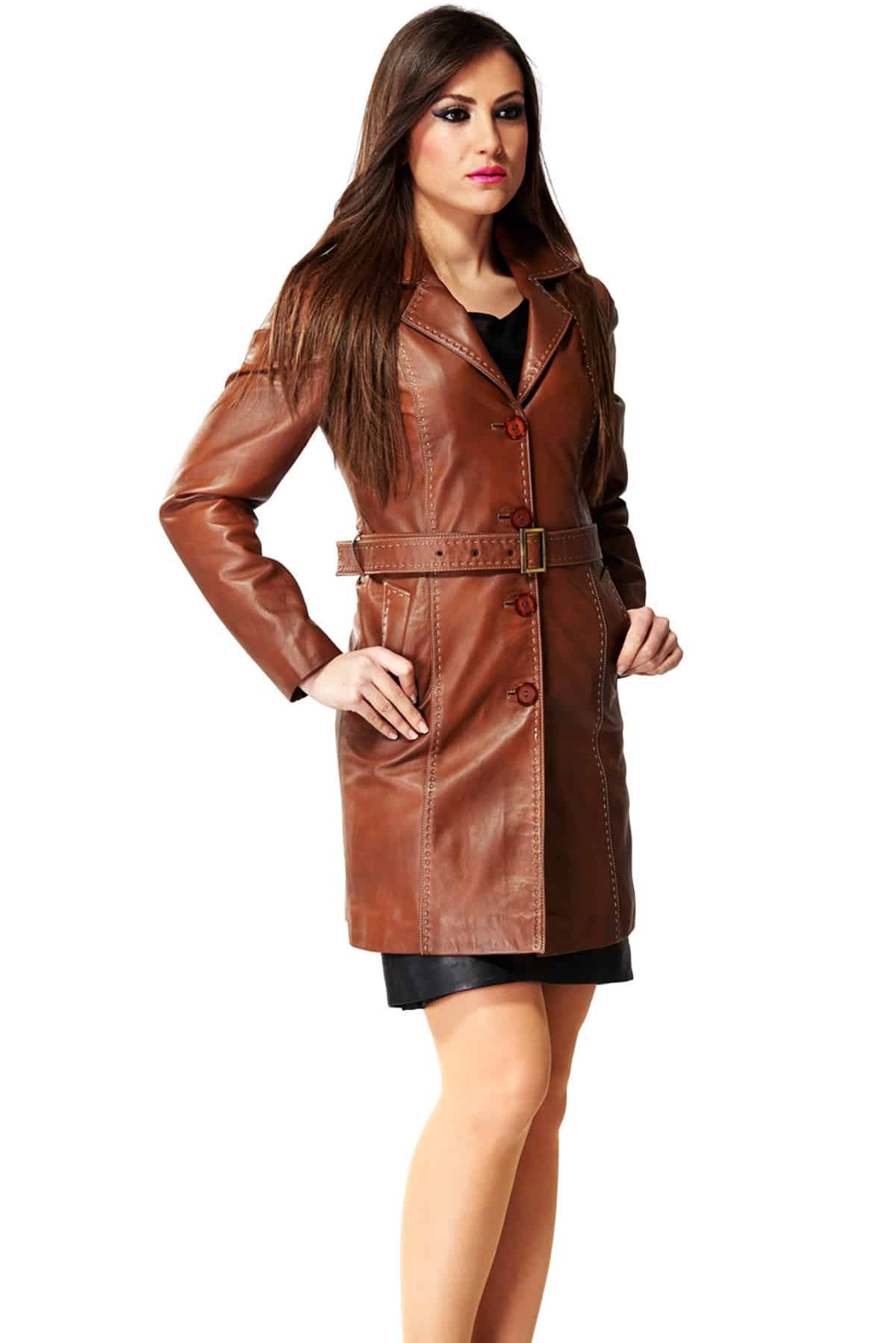 Ladies Super Elegant Knee Length Brown Leather Dress