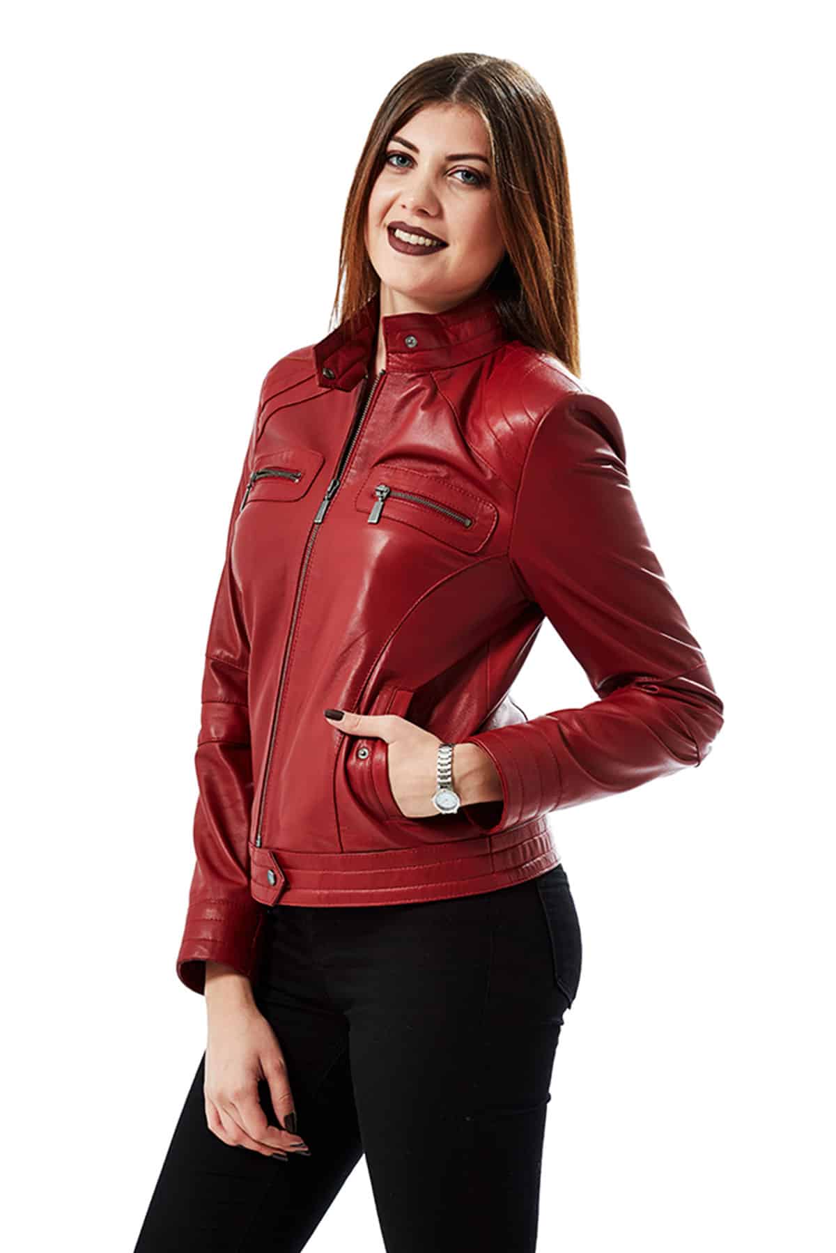 Ruby Women's 100 % Real Red Leather Vintage Classic Jacket