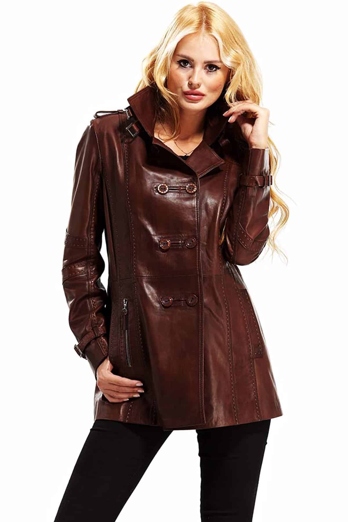 Luna Women's 100 % Real Brown Leather Waxed Coat