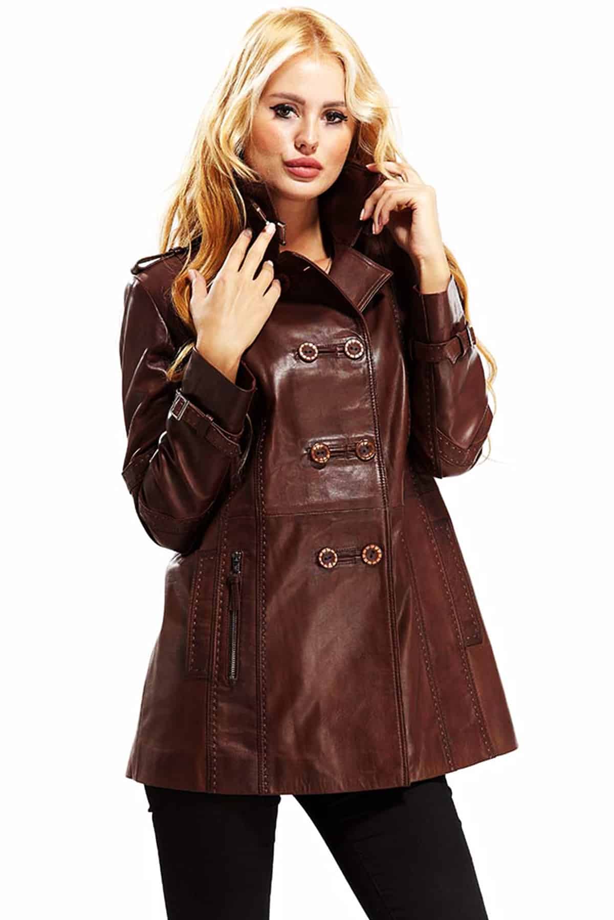 Luna Women's 100 % Real Brown Leather Waxed Coat