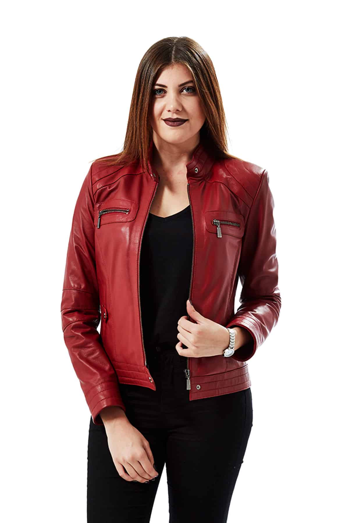 red crop leather jacket