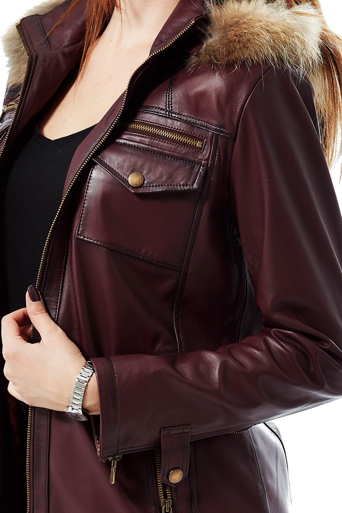 Women’s Waxed Maroon Leather Jacket – Free Ship in US & CA