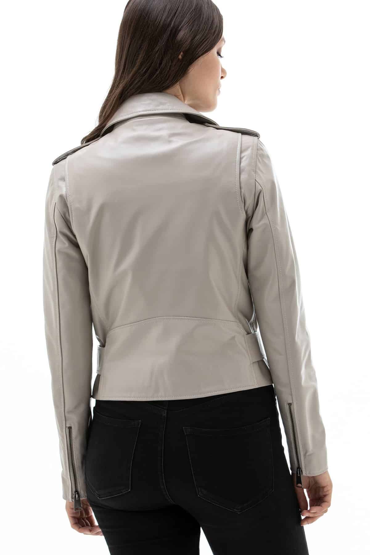 Women's 100 % Real Beige Leather Biker Jacket