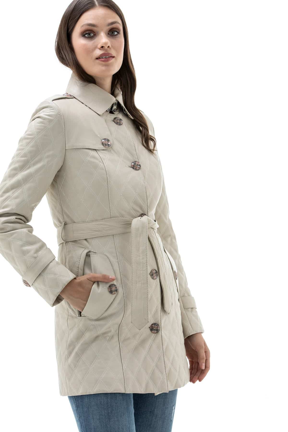 Women's 100 % Real Beige Leather Embroidery Coat